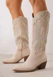 Beżowe Kozaki Kowbojki na Stożku z Ozdobnymi Przeszyciami w Stylu Western Nulia. Brązowe kozaki damskie Renee, z jeansu, bez obcasa, na obcasie. Za 199.99 zł.