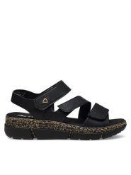 Rieker Sandały V2301-00 Czarny. Czarne sandały damskie Rieker, bez wzorów, z syntetyku, bez obcasa, na koturnie, bez zapięcia. Za 289.99 zł.
