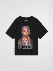Bawełniana koszulka z krótkim rękawem 2Pac - czarny. Czarne t-shirty damskie Sinsay, l, bez wzorów, z bawełny, bez kołnierzyka. Za 29.99 zł.