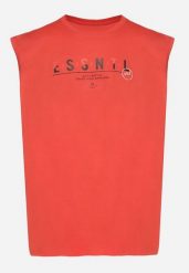 Czerwona Bawełniany Tank Top z Ozdobnym Nadrukiem Poleldi. Czerwone t-shirty męskie Born2be, m, bez wzorów, z bawełny, eleganckie, bez kołnierzyka. Za 29.99 zł.