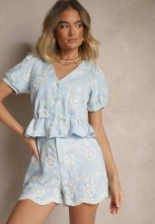 Jasnoniebieska Bluzka z Bawełny Ozdobiona Haftem Talseli. Niebieskie bluzki damskie Renee, xl, bez wzorów, z bawełny, bez kołnierzyka, bez ramiączek. Za 69.99 zł.