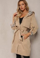 Ciemnobeżowy Płaszcz Trencz Utility z Nieodpinanym Kapturem Wiązany w Pasie Axurea. Brązowe płaszcze damskie Renee, xl, bez wzorów, długie. Za 179.99 zł.