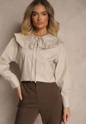 Beżowa Koszula z Bawełny w Stylu Retro z Wiązaniem i Kołnierzykiem z Falbankami Firsela. Brązowe bluzki damskie Renee, z aplikacjami, z bawełny, klasyczne, bez kołnierzyka, bez ramiączek. Za 89.99 zł.