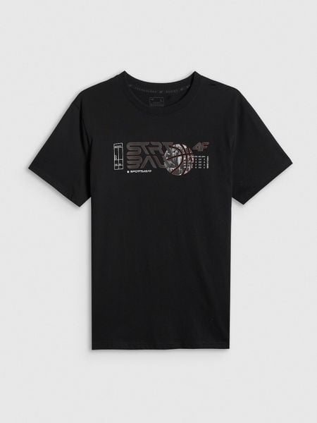 4F T-shirt regular z nadrukiem męski - czarny L. Czarne koszulki sportowe męskie 4f, l, bez wzorów, z bawełny, bez kołnierzyka, bez ramiączek. Za 69.99 zł.
