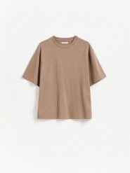 Bawełniany t-shirt - brązowy. Brązowe t-shirty damskie Reserved, l, bez wzorów, z bawełny, bez kołnierzyka. Za 39.99 zł.
