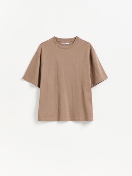 Bawełniany t-shirt - brązowy. Brązowe t-shirty damskie Reserved, l, bez wzorów, z bawełny, bez kołnierzyka. Za 39.99 zł.