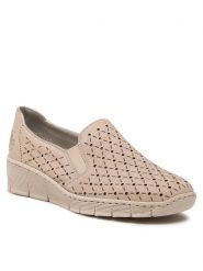 Rieker Półbuty 53795-60 Beżowy. Brązowe półbuty damskie Rieker, bez wzorów, ze skóry, bez obcasa, na koturnie, bez zapięcia. Za 319.99 zł.