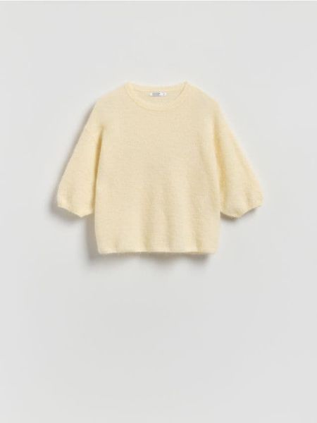 Sweter z wełną - jasnożółty. Żółte swetry damskie Reserved, l, bez wzorów, z dzianiny, bez kołnierzyka, bez ramiączek, bez kaptura. W wyprzedaży za 99.99 zł.