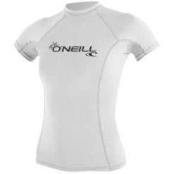 Koszulka do pływania damska O'Neill Basic Skins Rash Guard. Białe koszulki sportowe damskie O'Neill, m, bez wzorów, bez kołnierzyka, bez ramiączek, do pływania. Za 159.00 zł.