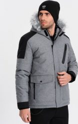 Kurtka męska Ombre Zimowa kurtka męska z regulowanym kapturem z odpinanym futerkiem - szaro-czarna V1 OM-JAHP-0144 XXL. Czarne kurtki męskie Ombre, na zimę, m, bez wzorów. Za 199.99 zł.
