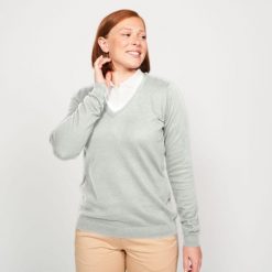 Sweter do golfa damski Inesis MW100. Szare obuwie sportowe damskie INESIS, l, bez wzorów, z bawełny, eleganckie, bez kołnierzyka, bez ramiączek, bez kaptura. Za 69.99 zł.
