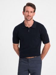 Bawełniana męska koszulka polo ze strukturalnej dzianiny – granatowa V2 OM-POSS-0117 - XXL. Niebieskie koszulki polo męskie Ombre Clothing, l, bez wzorów, z bawełny, biznesowe, bez ramiączek. W wyprzedaży za 99.99 zł.