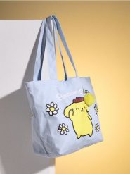 Materiałowa torba shopper z brelokiem i nadrukiem PomPomPurin - błękitny. Niebieskie torebki shopper damskie Sinsay, bez wzorów, z materiału, sportowe, z nadrukiem, bez dodatków. Za 19.99 zł.