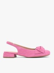 Różowe czółenka slingback bez pięty z kokardką. Czerwone czółenka damskie Ryłko, bez wzorów, z gumy, eleganckie, bez obcasa, na obcasie, bez zapięcia. Za 399.99 zł.