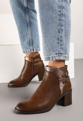 Brązowe Botki na Słupku z Ozdobną Wstawką z Paseczkami Malwilda. Brązowe botki damskie Renee, biznesowe, bez obcasa, na obcasie, bez zapięcia. Za 139.99 zł.