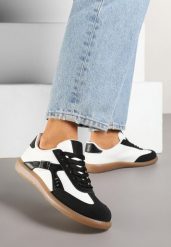 Czarno-Białe Sneakersy w Stylu Kultowych Tenisówek z Ozdobną Klamerką Senaliera. Czarne obuwie sportowe damskie Born2be, bez wzorów, z jeansu, tenisowe. Za 89.99 zł.