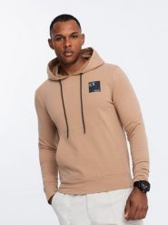 Męska bluza z kapturem kangurka z logotypem – brązowa V3 OM-SSNZ-0162 - XXL. Brązowe bluzy męskie Ombre Clothing, l, bez wzorów, z bawełny, z kapturem. W wyprzedaży za 99.99 zł.