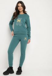 Zielony Bawełniany Komplet Dresowy z Ociepleniem i Misiem Bluza i Spodnie z Gumką w Pasie Nelasina. Zielone bluzy damskie Born2be, m, z aplikacjami, z bawełny, bez kaptura. Za 89.99 zł.