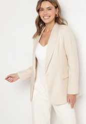 Beżowa Marynarka Ozdobiona Imitacją Kieszeni Sovzedi. Brązowe żakiety damskie Born2be, l, bez wzorów, z jeansu, eleganckie. Za 89.99 zł.