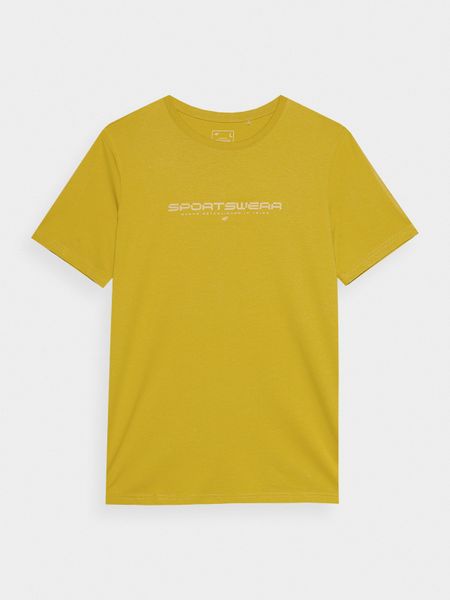 4F T-shirt z nadrukiem męski - żółty L. Żółte koszulki sportowe męskie 4f, l, bez wzorów, z bawełny, klasyczne, bez kołnierzyka. W wyprzedaży za 29.99 zł.