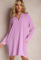 Fioletowa Rozkloszowana Sukienka Koszulowa Kloeria. Fioletowe sukienki damskie Renee, na lato, l, bez wzorów, bez kołnierzyka, bez ramiączek, mini, koszulowe. Za 49.99 zł.