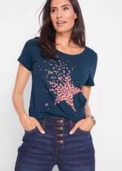 Shirt z przędzy mieszankowej, krótki rękaw. Czarne t-shirty damskie bonprix, bez wzorów, bez kołnierzyka. Za 44.99 zł.
