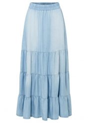 Spódnica midi z falbankami. Niebieskie spódnice damskie bonprix, bez wzorów, z denimu, midi. Za 169.99 zł.
