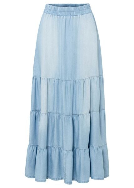 Spódnica midi z falbankami. Niebieskie spódnice damskie bonprix, bez wzorów, z denimu, midi. Za 149.99 zł.