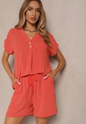 Pomarańczowy Komplet z Wiskozą T-shirt z Ozdobnymi Guzikami i Szorty Niterela. Brązowe szorty damskie Renee, l, bez wzorów, z gumy, boho. Za 69.99 zł.
