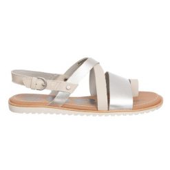 Sandały damskie Sorel ze skóry naturalnej, kolor srebrny. Szare sandały damskie Sorel, bez wzorów, z materiału, bez obcasa, bez zapięcia. Za 345.99 zł.