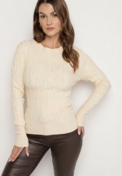 Beżowy Sweter z Wiskozą Ozdobiony Tłoczeniem Savinia. Brązowe swetry damskie Born2be, bez wzorów, z jeansu, biznesowe, bez kołnierzyka, bez ramiączek, bez kaptura. Za 99.99 zł.