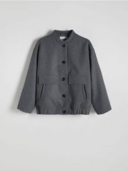 Kurtka bomber oversize z wełną - szary. Szare kurtki damskie Reserved, l, bez wzorów, z tkaniny, bez kaptura. W wyprzedaży za 99.99 zł.