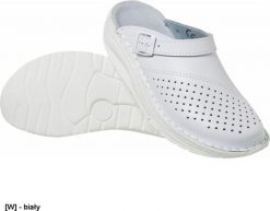 MEDIBUT BMKLADZKOL - obuwie zawodowe damskie klapki przeciwpoślizgowy kolebkowy spód profil ortopedyczny, podeszwa antypoślizgowa, - biały 35. Białe klapki damskie Medibut, bez wzorów, bez obcasa. Za 117.79 zł.