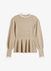 Sweter z koszulową wstawką. Szare swetry damskie bonprix, bez wzorów, bez kołnierzyka, bez ramiączek, bez kaptura. Za 124.99 zł.