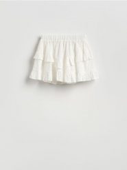 Spódnica z ażurowymi wstawkami - złamana biel. Spódnice damskie Reserved, l, w ażurowe wzory, z bawełny, trapezowe. Za 109.99 zł.