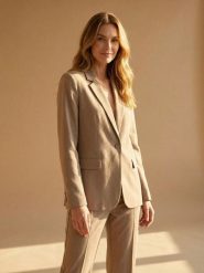 Żakiet z kieszeniami z domieszką wiskozy i lnu - beżowy. Brązowe żakiety damskie Sinsay, l, bez wzorów, z wiskozy. Za 79.99 zł.