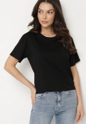 Czarny Gładki T-shirt z Bawełny o Klasycznym Kroju Natime. Czarne bluzki damskie Born2be, l, bez wzorów, z bawełny, klasyczne, bez kołnierzyka. Za 39.99 zł.