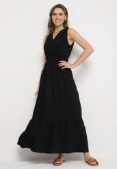 Czarna Sukienka o Rozkloszowanym Kroju Bez Rękawów z Kopertowym Dekoltem Filoria. Czarne sukienki damskie Born2be, l, bez wzorów, eleganckie, bez kołnierzyka, bez ramiączek, maxi, kopertowe. Za 79.99 zł.