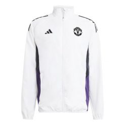 Kurtka dresowa Prematch Manchester United 2025/26. Białe kurtki męskie Adidas, m, bez wzorów, z dresówki, eleganckie, bez kaptura. Za 341.50 zł.