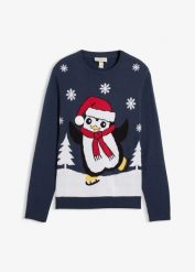 Sweter z bożonarodzeniowym motywem. Niebieskie swetry przez głowę męskie bonprix, l, bez wzorów, bez kołnierzyka. Za 129.99 zł.