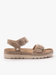 Ciemnobeżowe sandały na grubszym spodzie z dwoma paskami. Brązowe sandały damskie Ryłko, bez wzorów, ze skóry, bez obcasa, bez zapięcia. Za 399.99 zł.