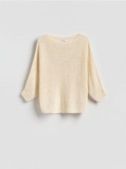 Gładki sweter - kremowy. Białe swetry damskie Reserved, l, bez wzorów, z dzianiny, bez kołnierzyka, bez ramiączek, bez kaptura. Za 89.99 zł.