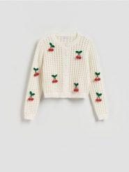 Kardigan z naszywanymi aplikacjami - kremowy. Białe kardigany damskie Reserved, l, z aplikacjami, z bawełny. Za 139.99 zł.