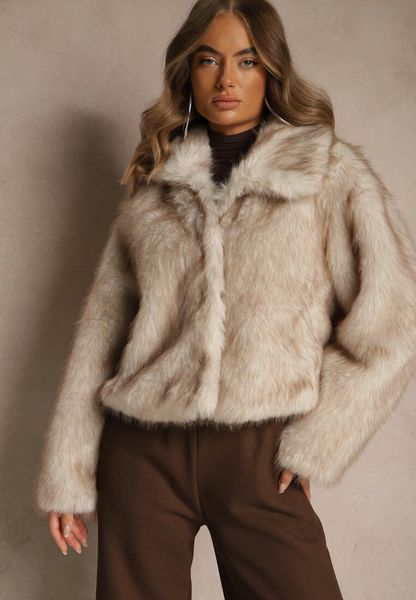 Beżowa Kurtka Futerko o Fasonie Cropped z Kołnierzem Abentia. Brązowe kurtki damskie Renee, m, bez wzorów, z futra, bez kaptura. Za 219.99 zł.