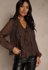 Brązowa Koszulowa Bluzka z Dekoltem V i Falbankami Calomia. Brązowe bluzki damskie Renee, l, bez wzorów, z jeansu, biznesowe, bez kołnierzyka, bez ramiączek. Za 99.99 zł.