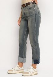 Niebiesko-Szare Bawełniane Jeansy o Fasonie Regular z Paskiem z Efektem Vintage Riliana. Niebieskie jeansy damskie Born2be. Za 129.99 zł.