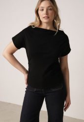 Czarny Bawełniany T-shirt z Marszczeniem w Talii i Dekoltem w Łódkę Savorith. Czarne bluzki damskie Born2be, m, bez wzorów, z bawełny, biznesowe, bez kołnierzyka. Za 54.99 zł.