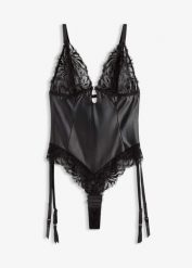 Body z efektem wetlook ze zdejmowanymi ramiączkami typu halter. Czarne body damskie bonprix, bez wzorów. Za 112.99 zł.