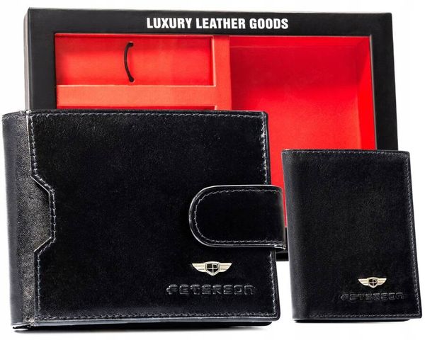 Zestaw prezentowy Peterson PTN SET3-N79L-VT czarny. Czarne portfele męskie Peterson, bez wzorów, ze skóry. Za 129.99 zł.