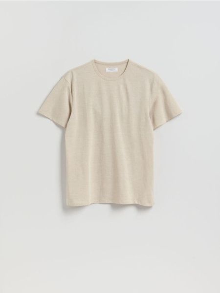 T-shirt regular z lnem - beżowy. Brązowe t-shirty męskie Reserved, l, bez wzorów, z bawełny, bez kołnierzyka. Za 99.99 zł.